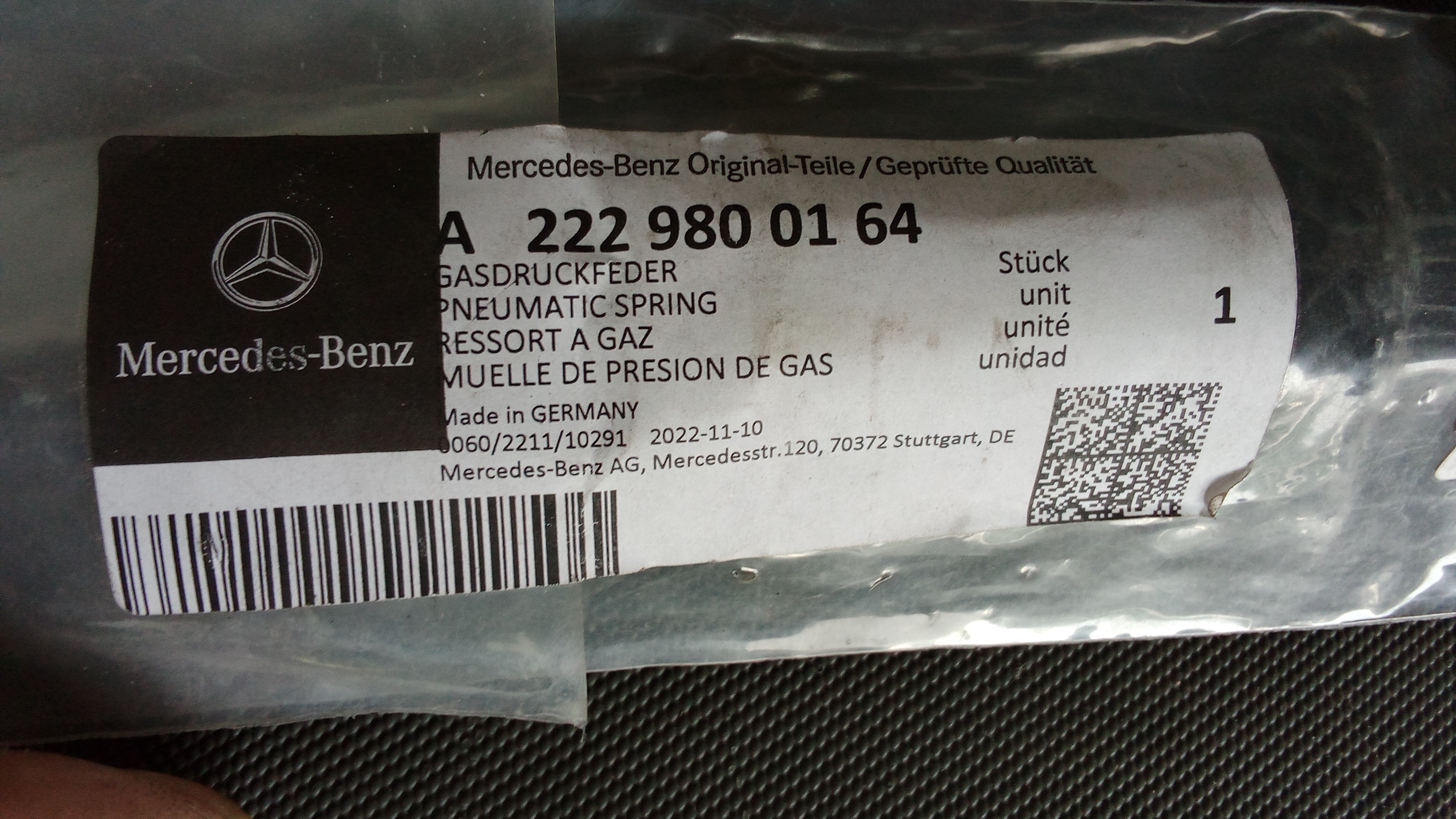 A2229800164 Mercedes W222 S-Klasse Gasdruckfeder für Motorhaube #C